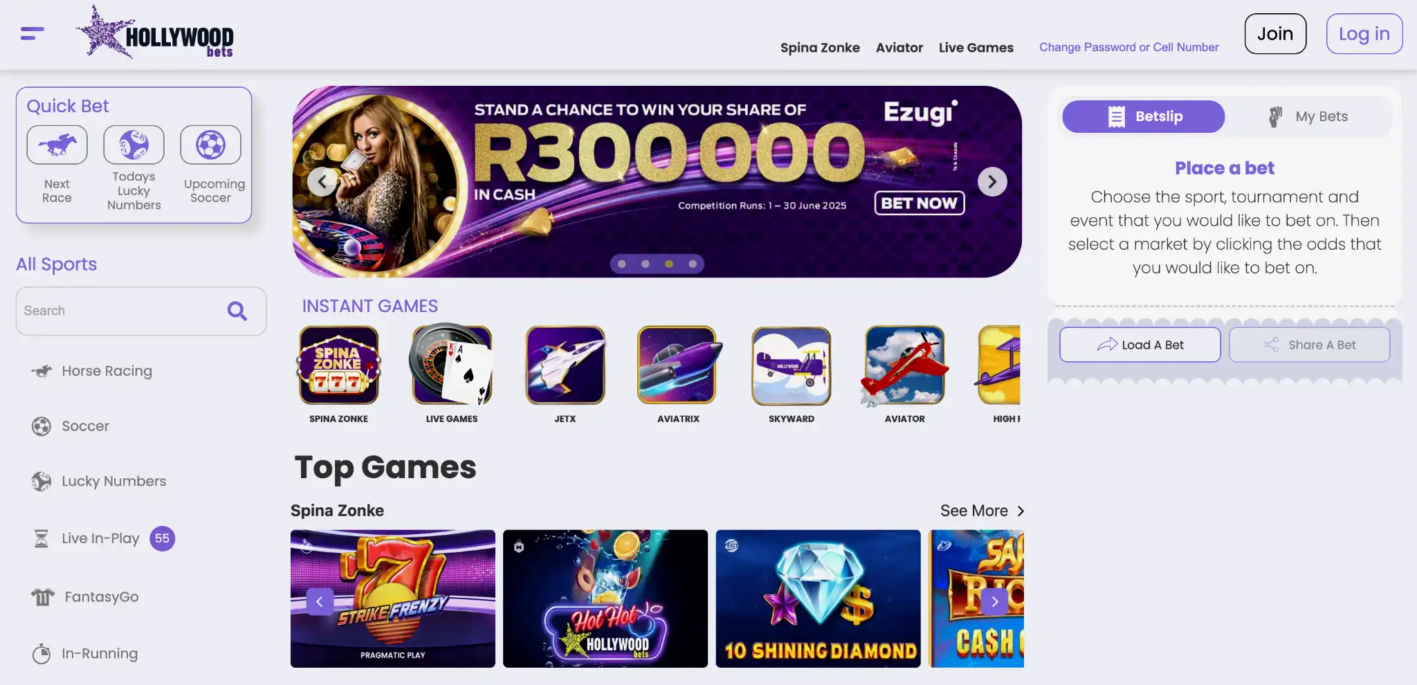 HollywoodBet online gaming platform interface